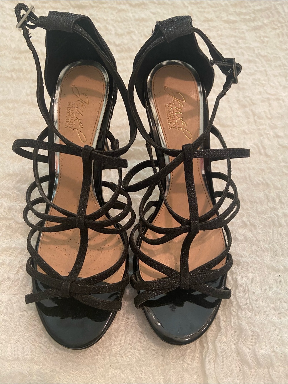 BADGLEY MISCHKA JEWEL BLACK GLITTER STRAPPY PLATFORM HEEL SIZE 7 - Picture 2 of 7
